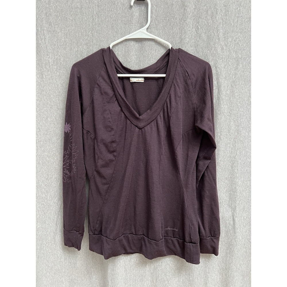 Icebreaker Shirt Womens Large Purple 100% Merino Wool Floral Long Sleeve